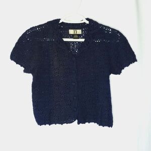 ⭐ One Step Up Girls Open Knit Crochet Short Slve Cardigan Sweater Navy Blu Large
